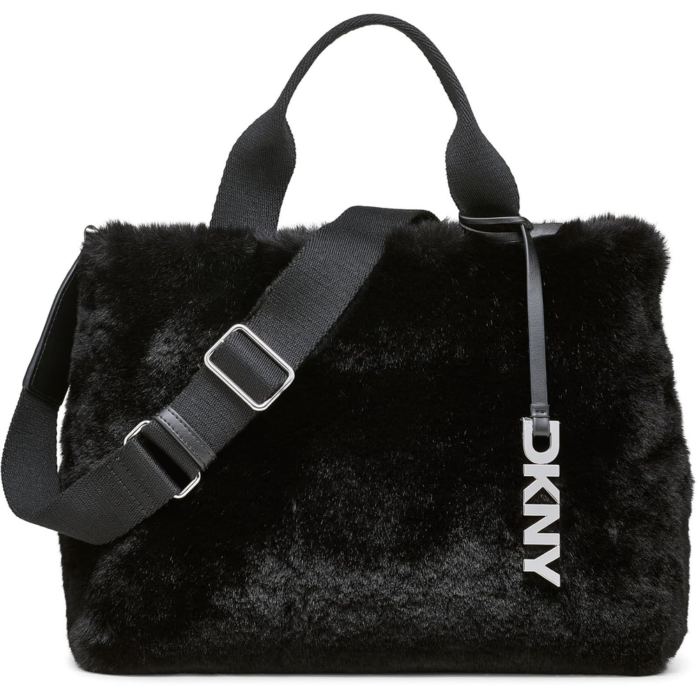 image:imageDKNY Roni Small Fur Tote Bag with Logo Charm BlackSilverBlackSilver