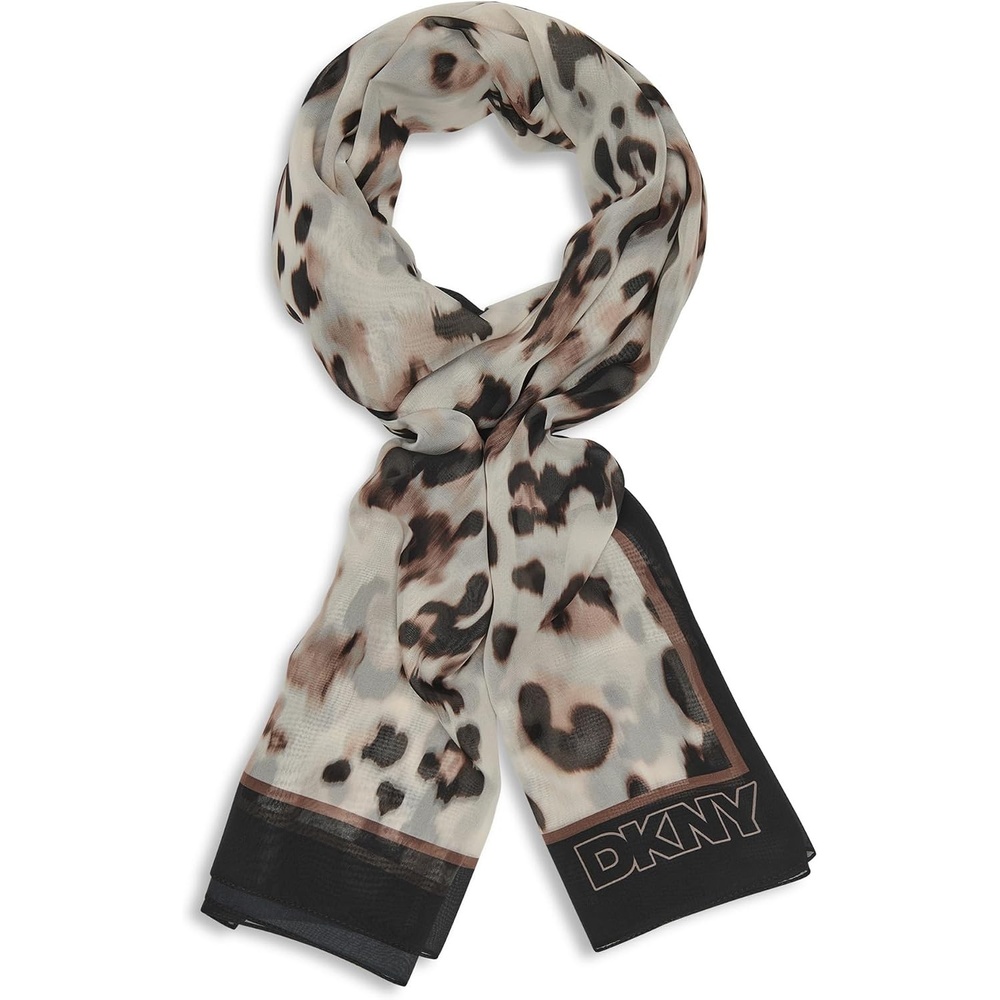 image:imageDKNY Womens Accessories Leopard Chiffon Scarf with Eyelash Fringe Heather Almond One Size