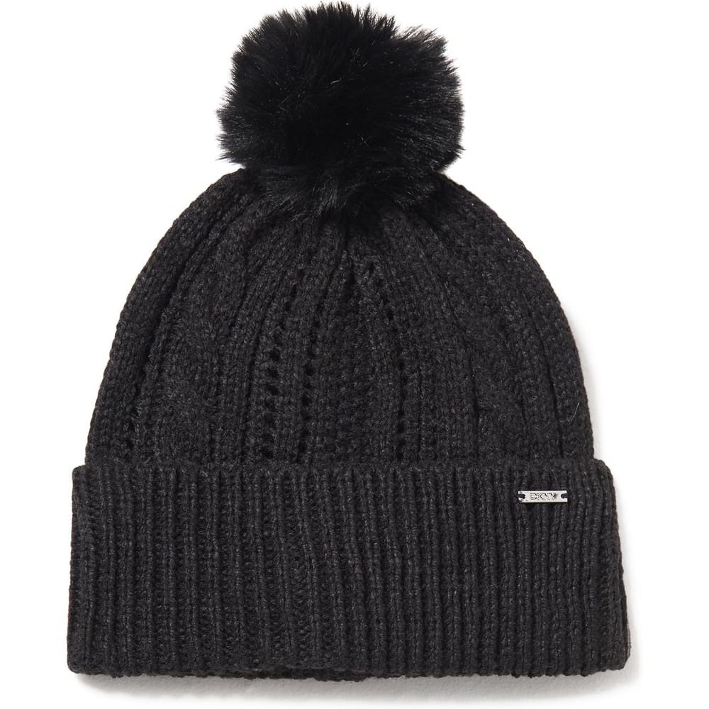 image:imageDKNY Womens Cable Knit Hat with Faux Fur PomBlack