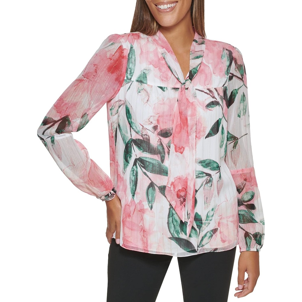 image:imageDKNY Womens Long Balloon Sleeve BlouseFrench Rose Multi
