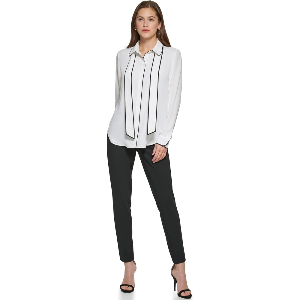 image:imageDKNY Womens Long Sleeve Button Front Collared BlouseWhiteBlack