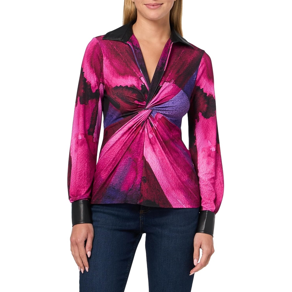 image:imageDKNY Womens Long Sleeve Collared VNeck Jersey BlouseFushiaDark Violet Multi