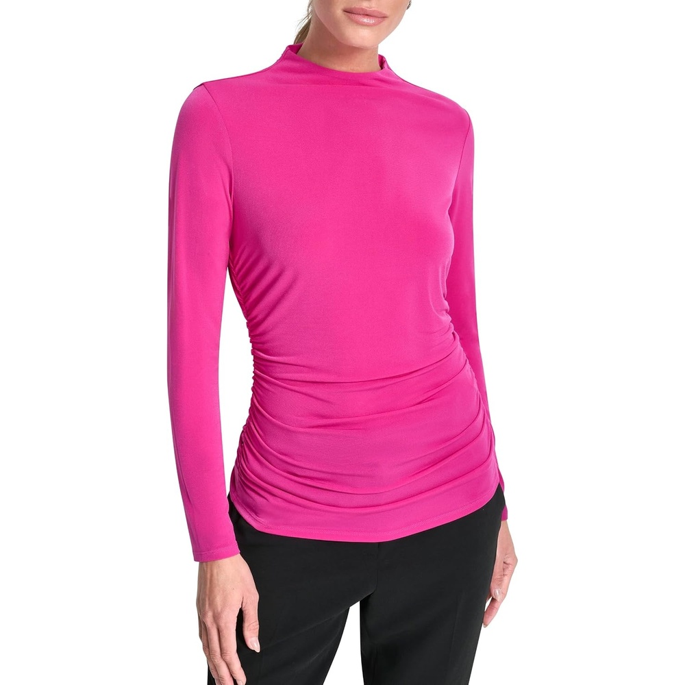 image:imageDKNY Womens Long Sleeve Mock Neck Jersey BlouseFushcia