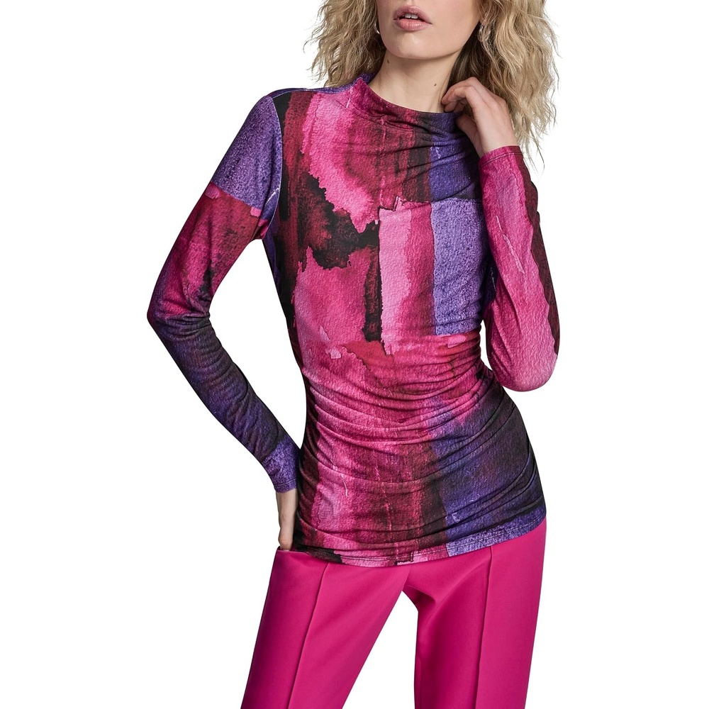 image:imageDKNY Womens Long Sleeve Mock Neck Jersey BlouseFushiaDark Violet Multi