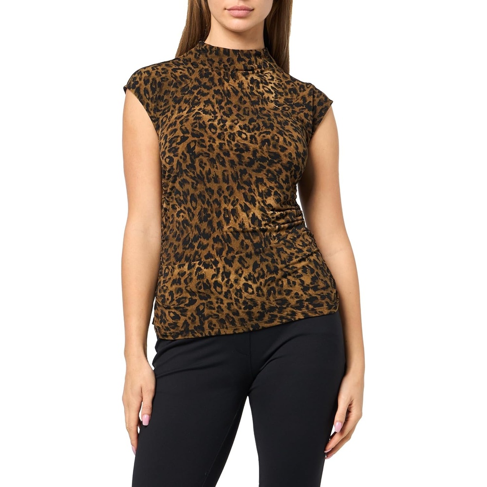 image:imageDKNY Womens Mock Neck Cap Sleeve Jersey Top with Ruched WaistlineTruffle Multi