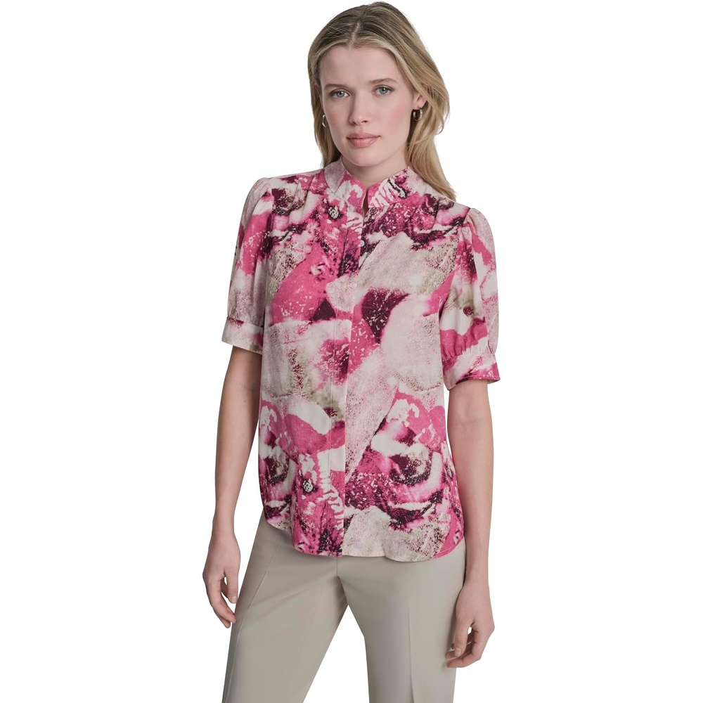 image:imageDKNY Womens Puff Sleeve Mandarin Collar BlouseHot PnkPebble Multi