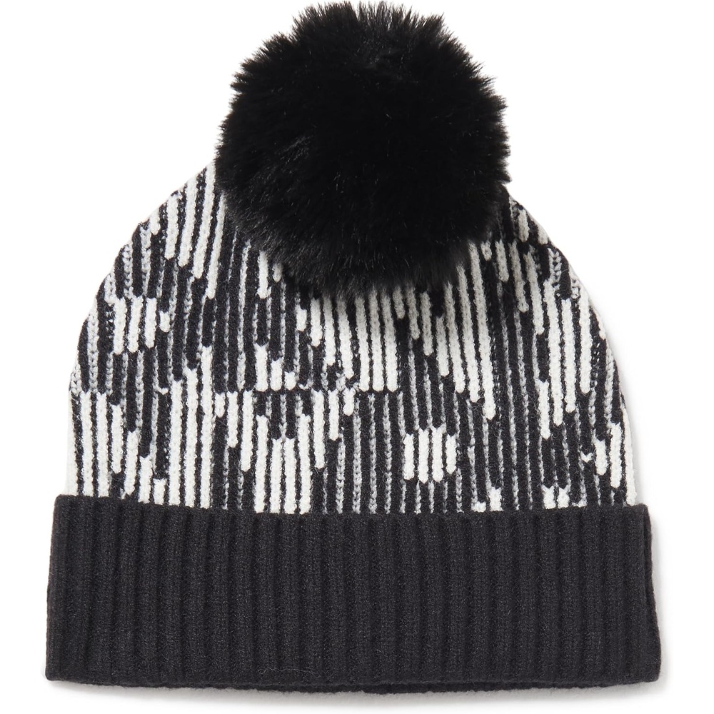 image:imageDKNY Womens Ribbed Logo Faux Fur Pom BeanieIvory