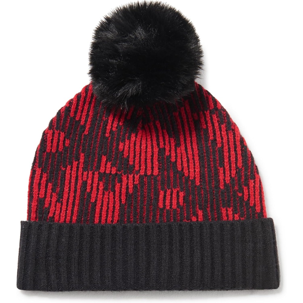 image:imageDKNY Womens Ribbed Logo Faux Fur Pom BeanieRed Light