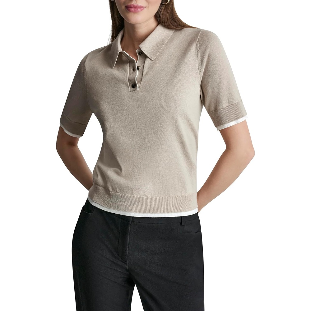image:imageDKNY Womens Short Sleeve Collared Three Button SweaterPebbleIvory