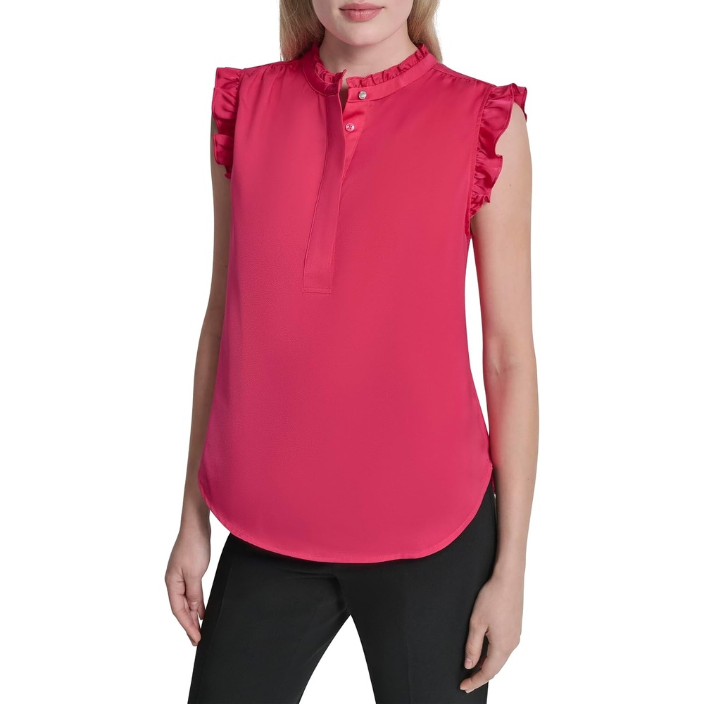 image:imageDKNY Womens Short Sleeve Ruffle Neck BlouseHot Pink