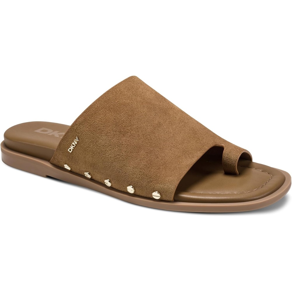 image:imageDKNY womens Colwyn Flat Sandal With Toe Loop and Stud EmbellishmentsAmber