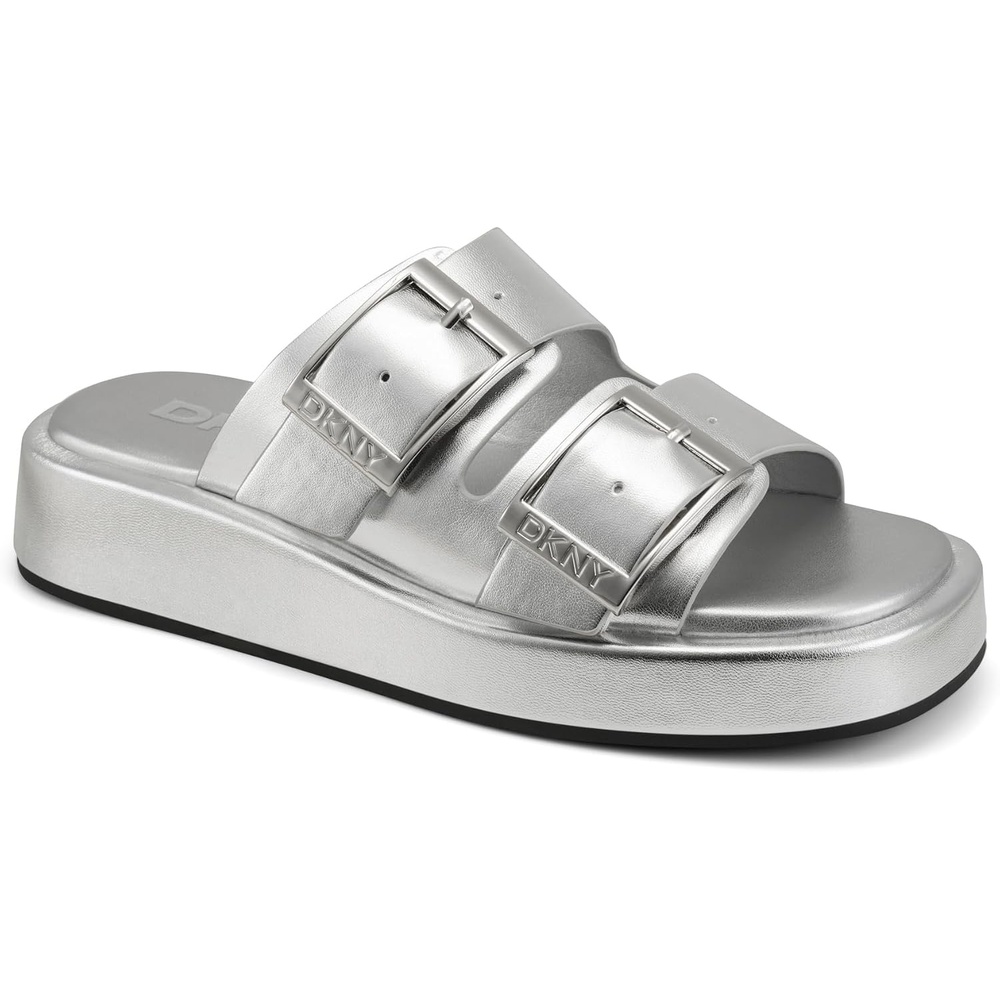 image:imageDKNY womens Leocadia Platform Slide Sandal With BucklesSilver
