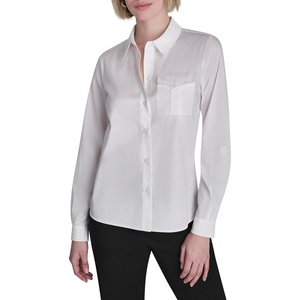 DKNY Women’s Roll Tab Long Sleeve Flap Pocket Blouse(White)