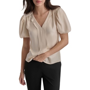 DKNY Women’s Short Puff Sleeve V-Neck Blouse(Light Fatigue)