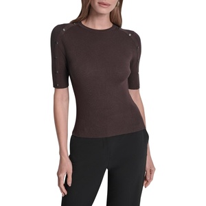DKNY Womens Short Sleeve Crew Neck Blouse(Chocolate)