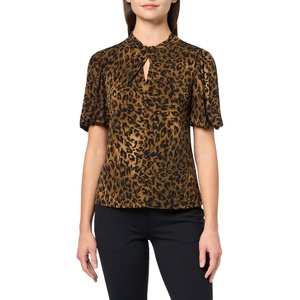 DKNY Women’s Short Sleeve Keyhole Neck Jersey Blouse(Truffle Multi)