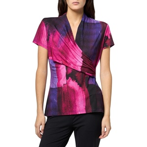 DKNY Womens Short Sleeve V-Neck Jersey Blouse(Fushia/Dark Violet Multi)
