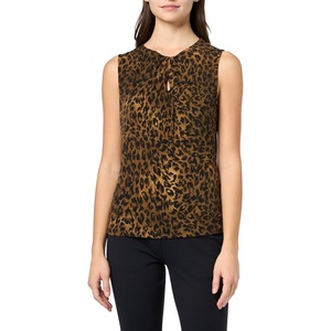 DKNY Women’s Sleeveless Crewneck Jersey Blouse with Keyhole Neckline Detail(Blonde/Truffle Multi)