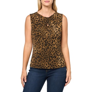 DKNY Women’s Sleeveless Crewneck Jersey Blouse with Keyhole Neckline Detail(Truffle Multi)