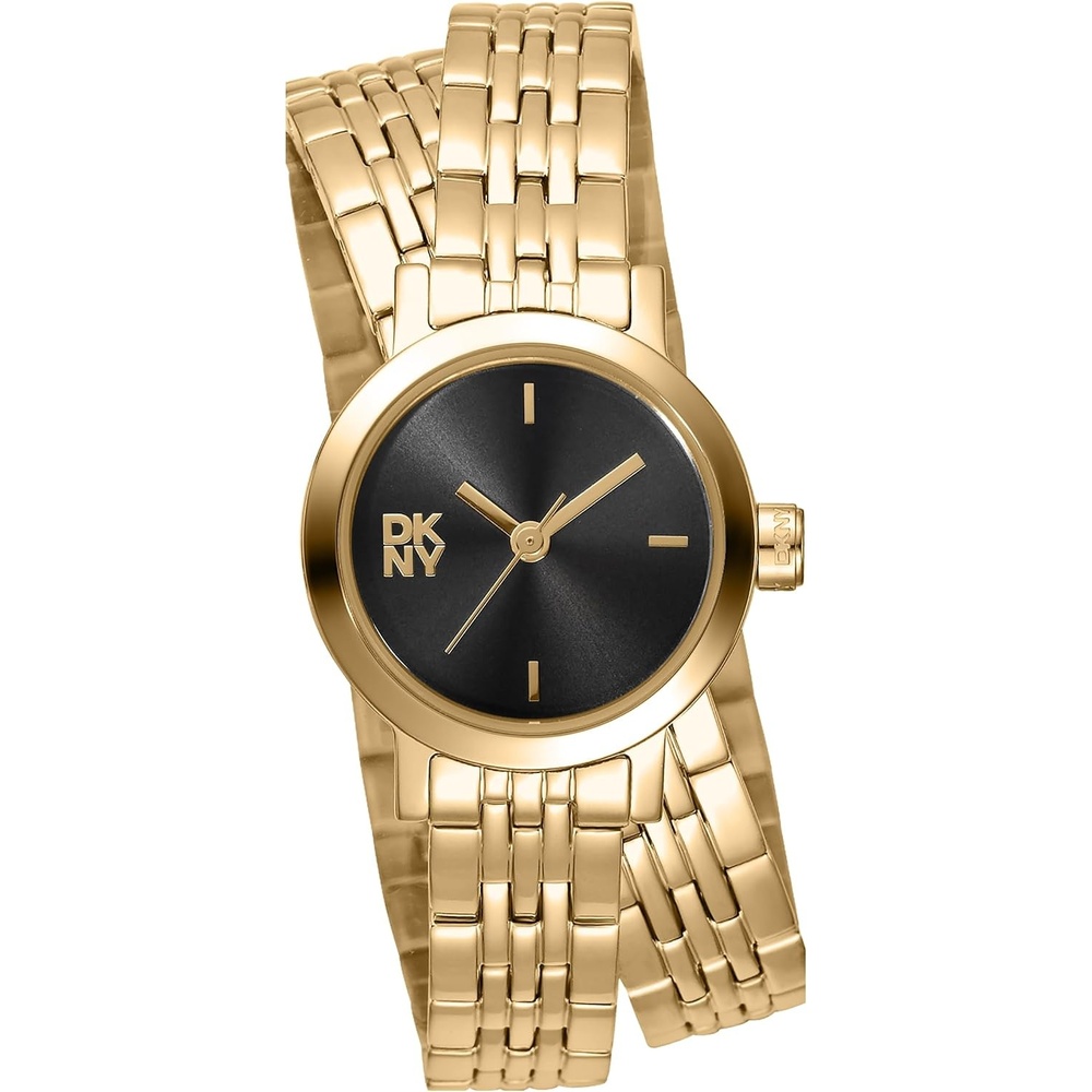 image:imageDKNY Womens Mini Black Dial GoldTone Stainless Steel Double Bracelet Watch 23 mm