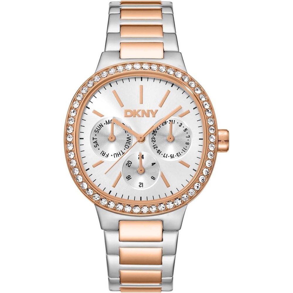 image:imageDKNY Womens Silver Dial Crystal Bezel TwoTone Red Gold Stainless Steel Bracelet Multifunctional Watch 36mm 30M